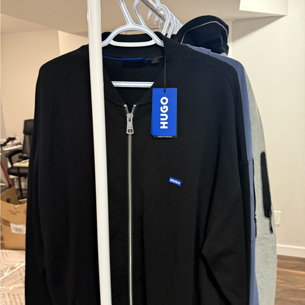 HUGO Black Zip Up Sweater with Blue Accent